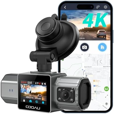 COOAU 4K Dual Dash Cam, Built-in GPS WiFi, 2.5K+1080P Dash Cam Front Inside