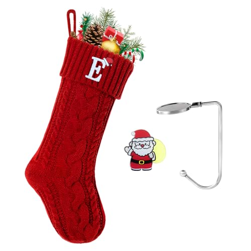 guccde Christmas Stockings with Initials, Personalized Embroidered Monogram 18 Inches Knitted Christmas Stockings Fireplace Xmas Stockings for Kids,Family Holiday Party Decoration Red Letter E