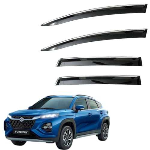 Image of CAR SAAZ Unbreakable Chrome Smoke Door Visor for Fronx (2023-Present) | Premium Sun, Rain Wind Deflector Chrome Strip Side Door Rain Visor - Set of 4 Pcs