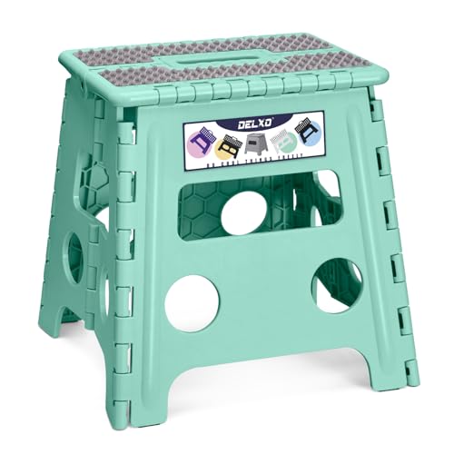 Image of Delxo Folding Step Stool 13 Inch Non-Slip Foldable Stools for Kids & Adults Up to 300 LBS Kitchen Collapsible Fold Up Stepping Stool with Dotted 1 Pack Green