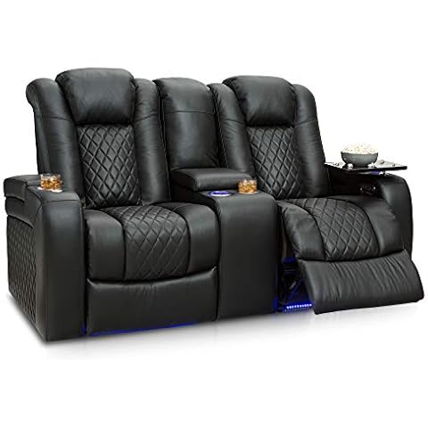 Seatcraft Anthem Home Theater Seating Living Room - Italian Leather - Power Recline Loveseat - Center Storage Console - Powered Headrests - Arm Storage - AC/USB and Wireless Charging - Black Cover