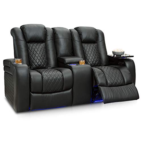 Seatcraft Anthem Home Theater Seating - Italian Leather - Power Recline Loveseat - Center Storage Console - Powered Headrests - Arm Storage - USB Charging - Cup Holders, Black