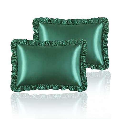 HommxJF Silky Satin Ruffled Pillow Cases for Hair and Skin,Blackish Green Silk Pillowcases Standard Set of 2 with Envelope Closure Princess Room Decoration