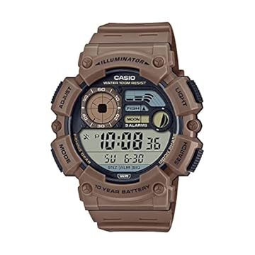 Casio Illuminator Relógio masculino com bateria de 10 anos, fase da lua, nível de pesca, WS-1500H-5AV, Marrom