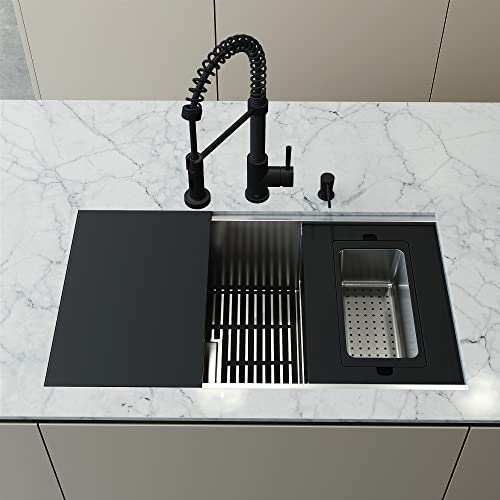 VIGO Hampton Stainless Steel 32 in. Single Bowl Undermount Workstation Kitchen Sink with Matte Black Faucet and Accessories-VG151039 - Thumbnail 2