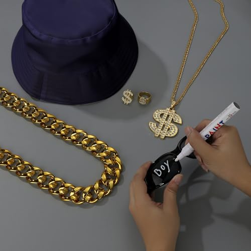 MEDOJO Hip Hop Costumes Kit 80s 90s 2000s Rapper Accessories Set Faux Golden Rope Chain Dollar Sign Ring Necklace Rapper Black Sunglasses for Halloween Costume Party Black by MEDOJO - Used condition - Image 7