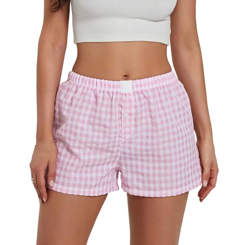 Image of Y2k Plaid Shorts Cute Baggy Ginghem Boxer Shorts for Women Checked Lounge Pajama Bottom Preppy Sleep Pj Shorts
