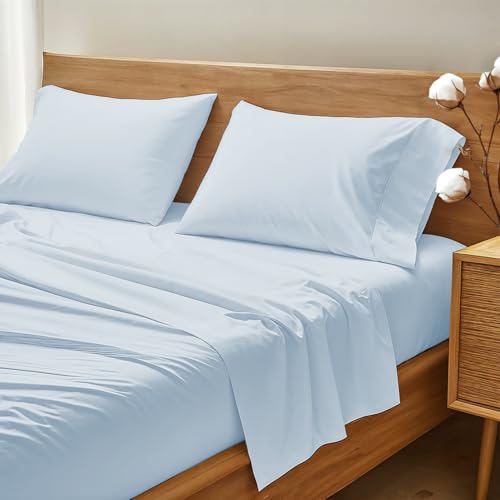 THREAD SPREAD 100% Organic Cotton Bed Sheet Set - Crisp and Cooling Percale Weave, Soft Breathable, Eco-Friendly, 4 Piece Bedding Set, Deep Pocket with All-Around Elastic, (Queen, Blue)
