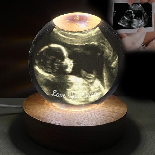 FENGHUO Bola de cristal personalizada con foto de ecografía, Bola de cristal con base LED, grabada con su foto/texto, Regalo de bienvenida para bebé