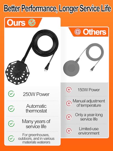 250W Submersible Chicken Waterer Heater- Thermostatic Control Deicer for Max 40 Gals Water Capacity, Energy-Saving Rust-Proof Chicken Coop Poultry Water Heaters for Duck Goose Bird Livestock