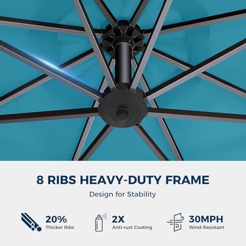 HOMSHADE 10ft Solar Lights Offset Cantilever Patio Umbrella - with Light and Base, LED Lighted Offset Hanging Patio Outdoor Market Umbrella UPF50+ UV Protection with Easy Tilt and Crank (Light Blue)