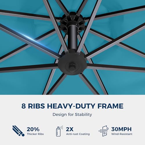 HOMSHADE 10ft Solar Lights Offset Cantilever Patio Umbrella - with Light and Base, LED Lighted Offset Hanging Patio Outdoor Market Umbrella UPF50+ UV Protection with Easy Tilt and Crank (Light Blue)