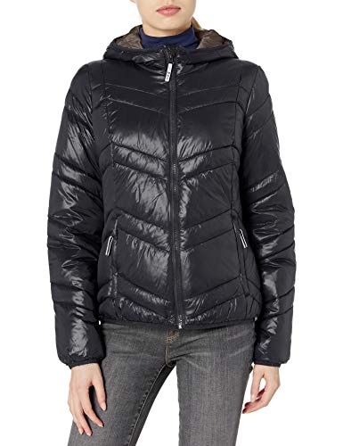 Marc New York Performance Women's Packable Hooded Jacket with Contrast Lining, Black Metallic Combo, Medium