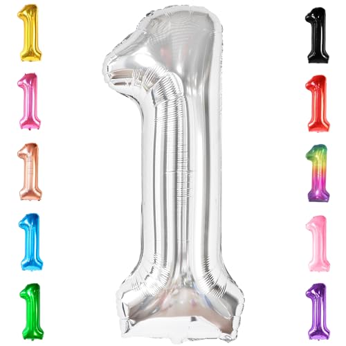 Image of Katchon, 40 Inch Silver Number 1 Balloons For 1st Birthday Decorations