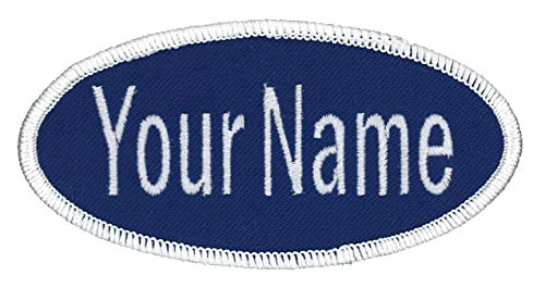 Oval Name Patch Uniform Work Shirt Custom Embroidery, Royal/White Border Arial, Hook Fastener