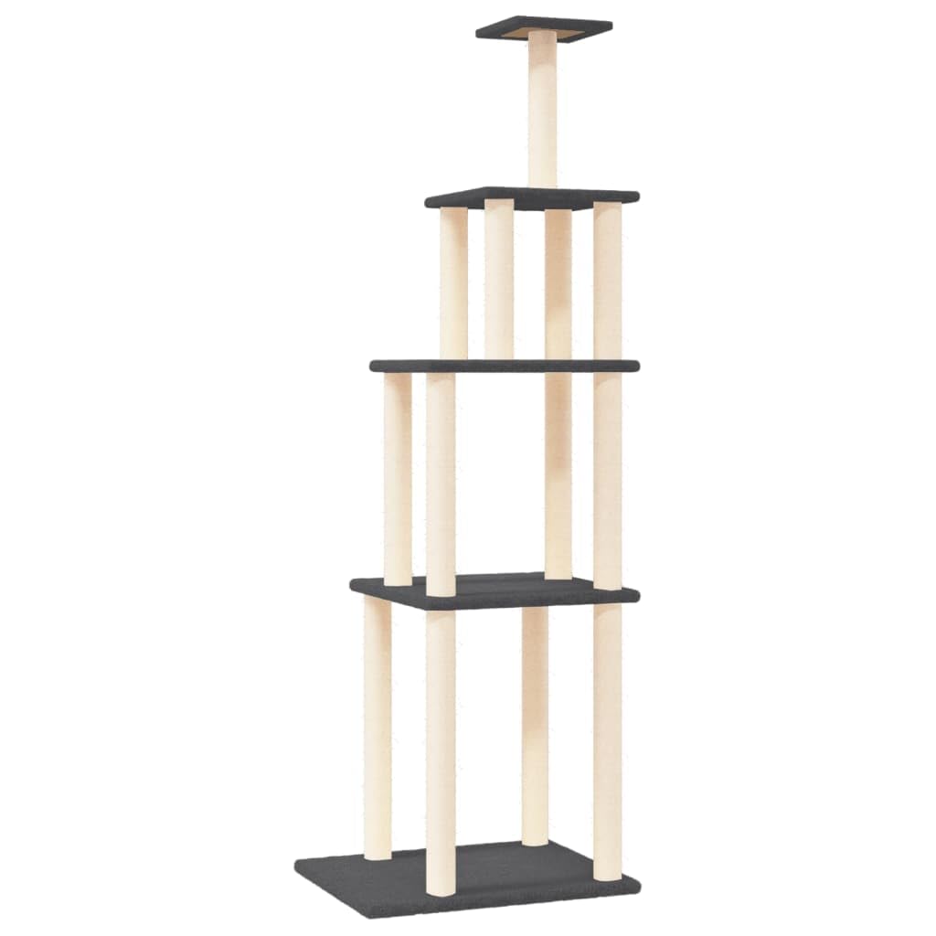 Kratzbaum 183 cm groß Katzenturm mit Sisal-Kratzsäulen Grau | Stabiler Katzenspielplatz fürs Wohnzimmer mit dicken Sisalsäulen zur Krallenpflege und weichen Liegeflächen.