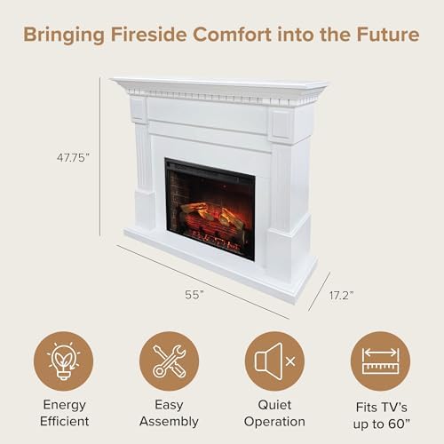 Modern Ember Augustine White Mantel Package 55" W x 48" H with 28 Inch Electric Fireplace Insert - 1,000 Sq Ft Heater 4 Flame Colors, Ember Bed Included | Alexa/WiFi Enabled - Thumbnail 3