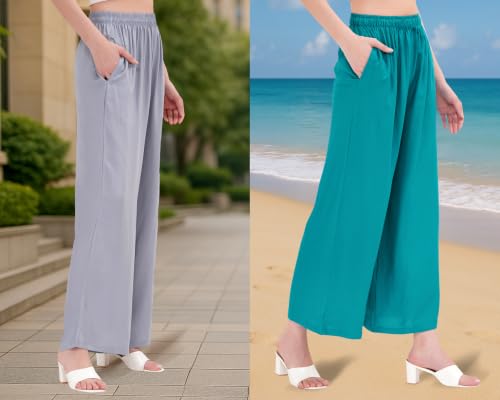Image of Buy That Trendz Palazzo Pants for Women Rayon Elasticated Regular Fit Flared Wide Leg M to 6XL Pack of 2