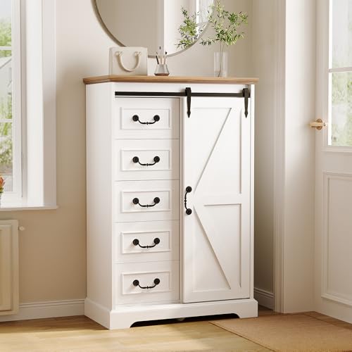 IRONCK 5 Drawers Dressers for Bedroom Farmhouse Dresser Chest of Drawer with Sliding Barn Door 48 Tall Dresser Storage Organizer for Living Room Entryway White/Walnut