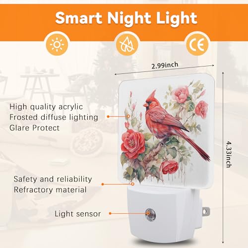 Image of Red Cardinal Birds Cherry Flowers Dusk to Dawn Night Light, Auto Sensor Lamp Home Indoor Stairway Kitchen Corridor, Night Lights Plug into Wall Decor, Boys Girls Women Men Room Gifts