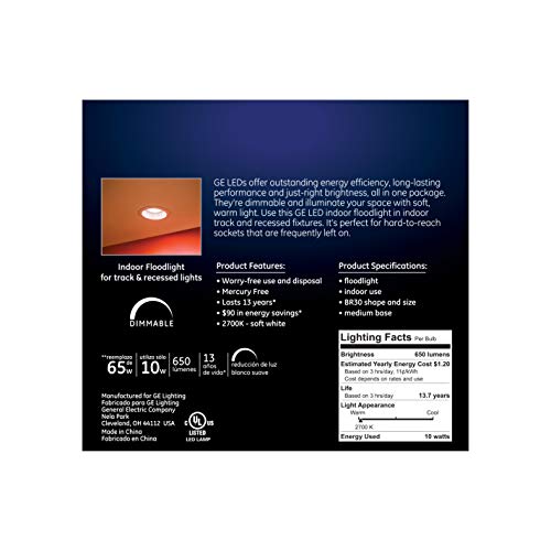 Ge Lighting Dimmable Led Light Bulb, Br30 Indoor Floodlight, 10-Watt (65-Watt Replacement), 650 Lumen, Soft White, Medium Base, 6-Pack Br30 Led Light, Recessed Light Bulb, Led Floodlight (90143) #TOP3