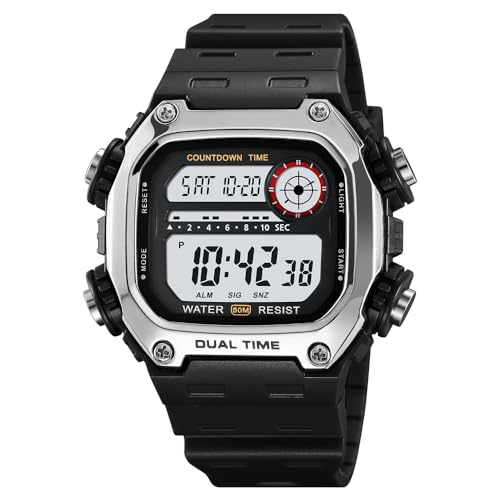 Mens Digital Watch Men Women, Waterproof Watches for Men Dual Time Watch with Date Alarm Chronograph Sports Watch for Men