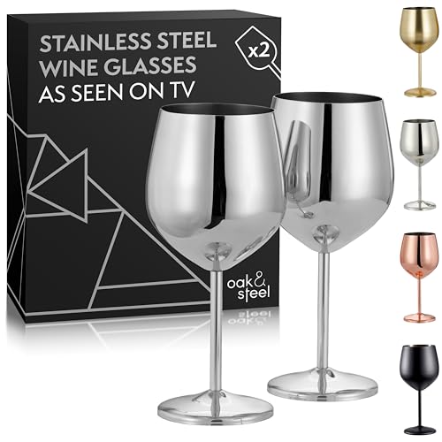 Oak & Steel 2 Silver Wine Glasses (520ml) - Stainless Steel Wine Glasses Unbreakable Metal Drinking Glasses with Gift Box