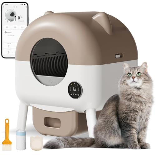 Self Cleaning Cat Litter Box-100L Automatic Cat Litter Box for Multiple Cats,Cat Litter Genie with APP Control Extra Large Smart Litter Box (White Beige with Ears)