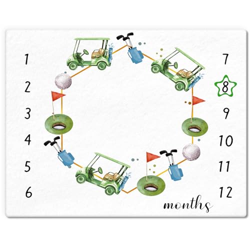 Image of Mindsoft Golf Print Baby Monthly Milestone Blanket Newborn Baby Boy Green Gender Neutral Newborn and Nursery Essentials Personalized Ideas for Nursery Decor (Green, Golf)