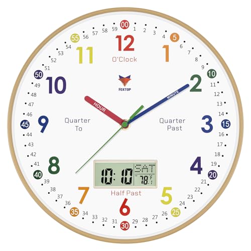Foxtop Digital and Analog Learning Clock for Kids - Telling Time Teaching Clock 12 Inch Silent Non-Ticking Battery Operated Kids Wall Clock for Playroom Nursery Classroom School