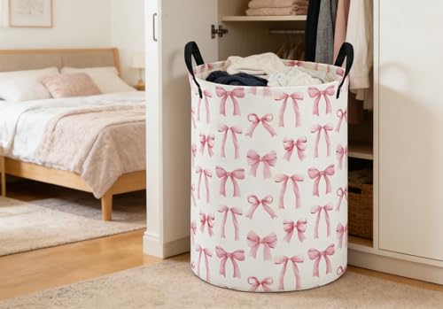 Image of ESSME Kids Laundry Basket,Pink Hamper Collapsible Canvas Waterproof Storage Bin for Girls, Cute Hamper,Gift Baskets(Bowknot)