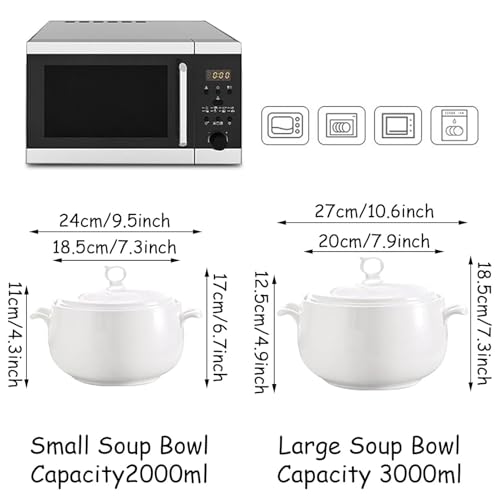 FENNVV Soup Serving Tureen with Lid, Ceramic Round Soup Tureen with Gold Border, White Porcelain Soup Bowl for Restaurant Home Kitchen Decoration, Oven and Dishwasher Safe,White,3L