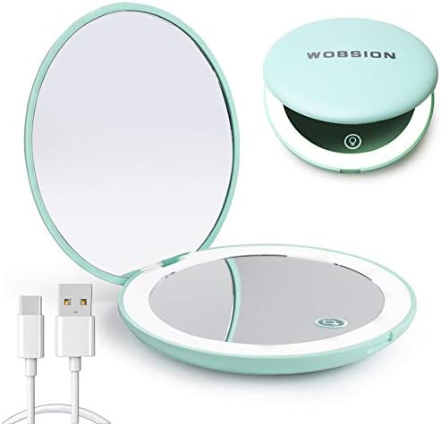 wobsion Compact Magnifying Mirror,Rechargeable 1x/10x Magnification Travel Mirror with Light,Small Makeup Mirror,Pocket Mirror for Purse,Handbag,Handheld 2-Sided Mirror,Dimmable,Gifts for Girls,Pink