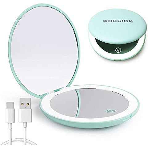 wobsion Travel Mirror with Light, Rechargeable 1x/10x Compact Magnifying Mirror, Dimmable Pocket Mirror,3.5inch Travel Size,Portable for Handbag,Purse,Gift,Cyan Cover