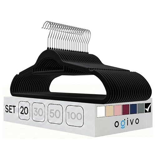 OGIVO Kleiderbügel Samt 20er Set Hosenbügel rutschfest Bügel aus Samt für Ihre Garderobe Samtkleiderbügel 360 drehbarer Haken Krawattenhalter & Schulterkerben Hangers Clothes (Schwarz)