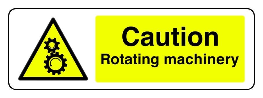 Caution Rotating Machinery - safety sign - 3mm Aluminum Dibond for indoor/outdoor usage (450mm x 150mm) 5m Viewing Distance.