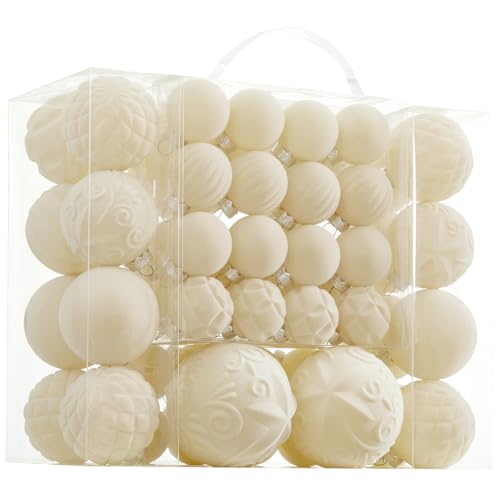 Velvet Christmas Ball Ornaments - 46pcs Flocked Christmas Tree Decorations Set Assorted Shatterproof Hanging Ornaments with Loop for Xmas Holiday Home Decor, 3 Sizes (Cream)