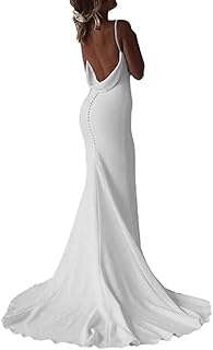 Simple Wedding Dresses for Bride V-Neck Mermaid Satin Beach Bridal Gowns with Sweep Train Backless Evening Dress