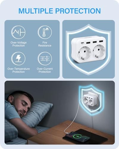 LENCENT Ladron Wtyczka 4000W, 6 w 1, 2 gniazda sieciowe, 3 USB i 1 typ C, wiele ścian, ładowarka mobilna, rodzina, kuchnia i biuro