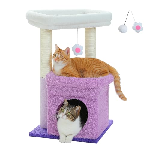 PAWZ Road Small Cat Tree, Multi-Level Cat Tower with Sisal-Covered Scratching Post, Cozy Condo and Top Perch for Indoor Cats, Applicable to Summer, Purple