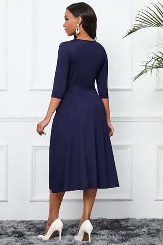 Image of CLOCOR Midi Dresses for Women Casual A-Line Fit and Flare Dress Crewneck 3 /4 Sleeve Keyhole Cocktail Party Church Dress