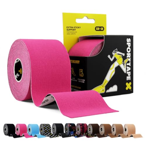 SPORTTAPE Kinesiologie Tape - Rosa, 5 cm × 5 m – Elastisch & Wasserfest Kinesiotapes/Tape Sport, Hautfreundlich Baumwolle, starke Haftung, latexfrei für Muskel- & Gelenk-Support