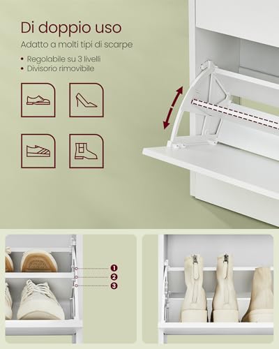 VASAGLE CUSTOS Collezione - Scarpiera, Scaffale Portascarpe, Scomparto Aperto, Divisorio Regolabile, per Ingresso, 2 Ante a Ribalta, 24 x 80 x 102 cm, 14-16 Paia, Bianco Nuvola LBC048W01 - Immagine 5
