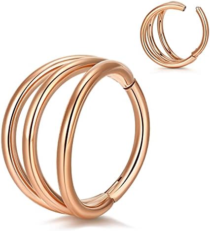 MIFANS Cartilage Earring Hoop Nose Ring 16G 18G Rose Gold Triple Stack Septum Rings Surgical Steel Tragus Earrings Hinged Segment Clicker Daith Helix Conch Rook Lobe Piercing Jewelry for Women Men