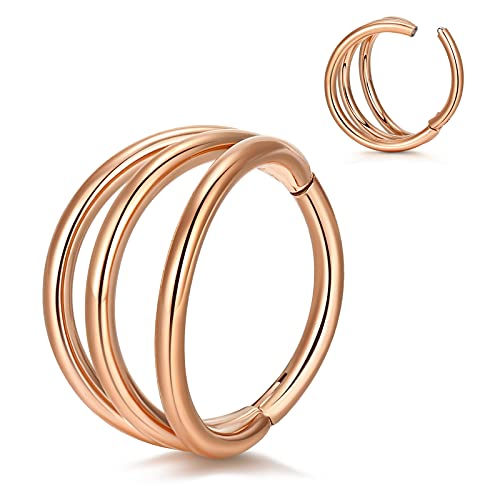 Mifans Cartilage Earring Hoop Nose Ring 16G 18G Rose Gold Triple Stack Septum Rings Surgical Steel Tragus Earrings Hinged Segment Clicker Daith Helix Conch Rook Lobe Piercing Jewelry For Women Men #TOP1