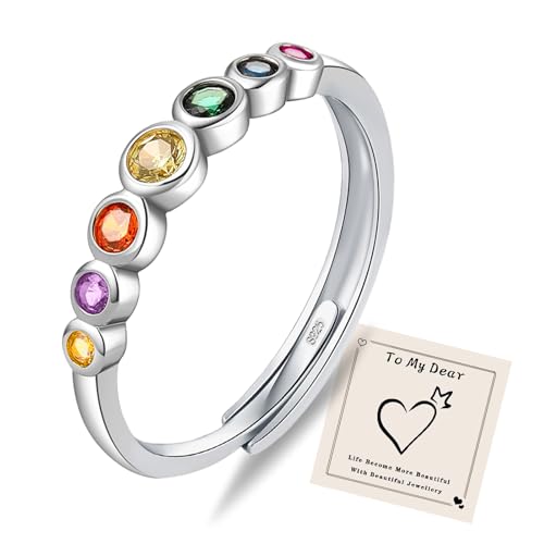 HEEYA Ringe Silber Rainbow Ringe für Damen mit bunten Steinen Stapeln Daumenring Offen Verstellbarer Eternity Ring für Frauen Eheringe Regenbogenring Schmuck Geschenk
