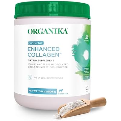Organika Enhanced Hydrolyzed Collagen Peptides Powder: Easy Absorption Unflavored Collagen Powder for Skin, Hair, Nails, Joints, Muscles, Gut - Keto, GMO-Free, Grass-Fed (1.1 Pounds)