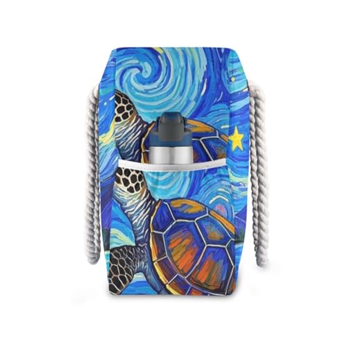 Blue Art Star Turtle Blue Large Capacity Carry On Tote with side pocketes Outdoor Tote Bag with cup holders on the side3