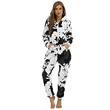 Cocila Damen Flanell Jumpsuit Schlafanzug Kühe Muster Onesie Pyjama Kuschelig Kapuze Lang Hausanzug Herbst Winter Einteiler Schlafoverall Homewear mit Reißverschluss Tasche