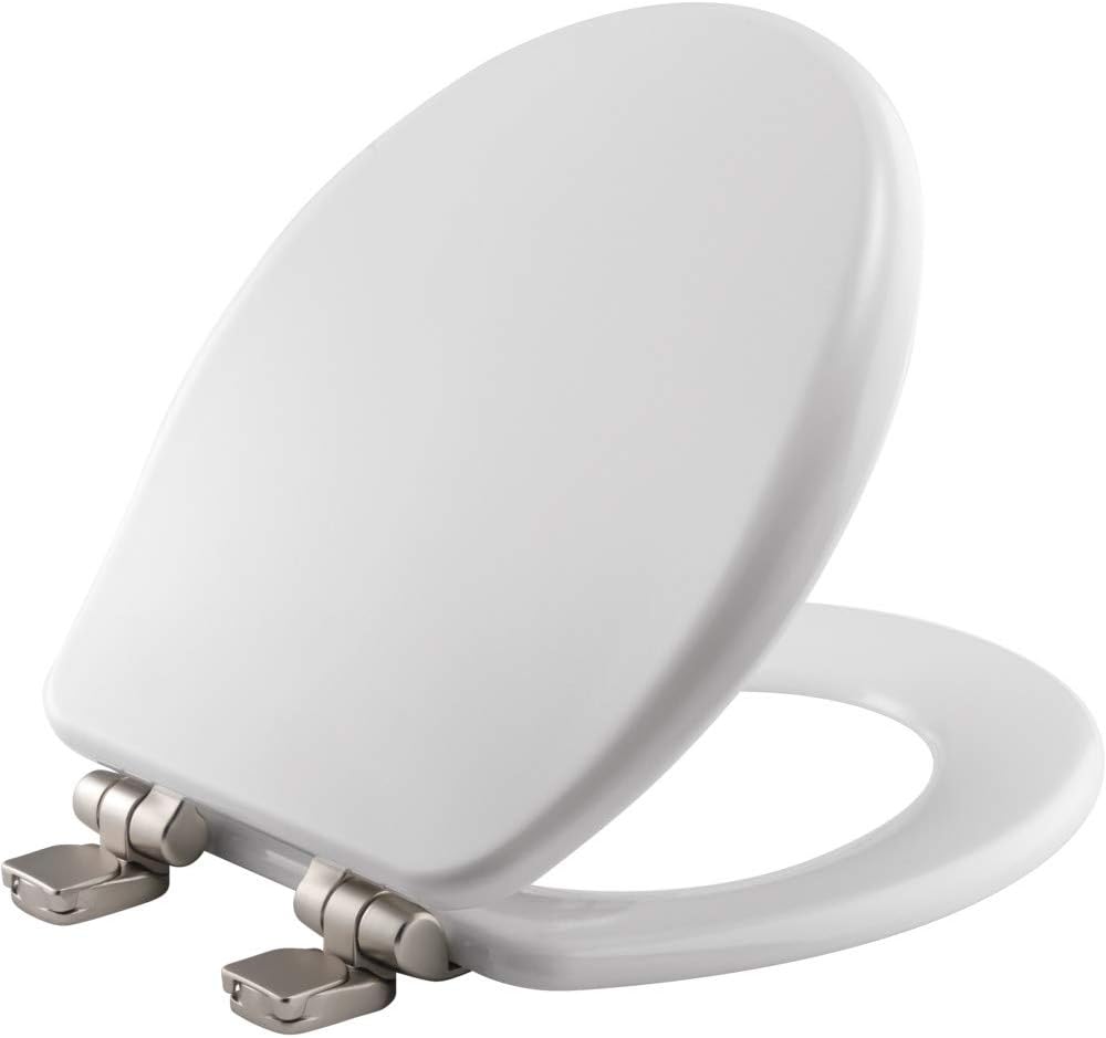 Bemis 9170NSLA 000 Alesio Toilet Seat with Brushed Nickel Hinges will Slow Close, Never Loosen and Provide the Perfect Fit, ROUND, High Density Enameled Wood, White